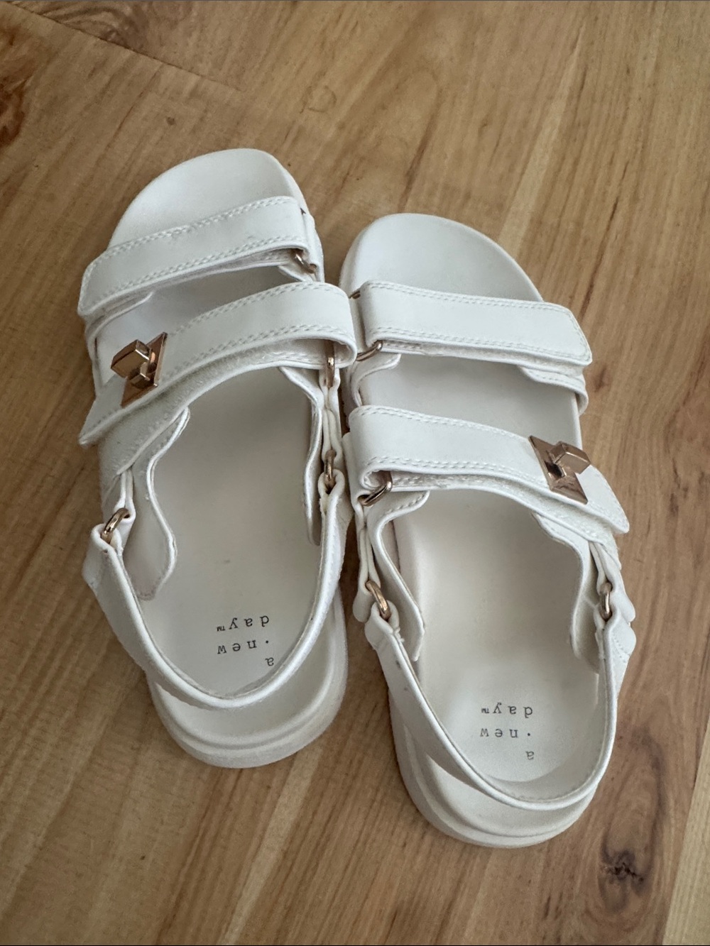 a new day White Sandals with Gold Accent Buckles
